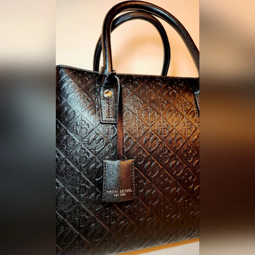 Henri bendel monogram embossed black leather top handle satchel bag - Picture 2 of 11